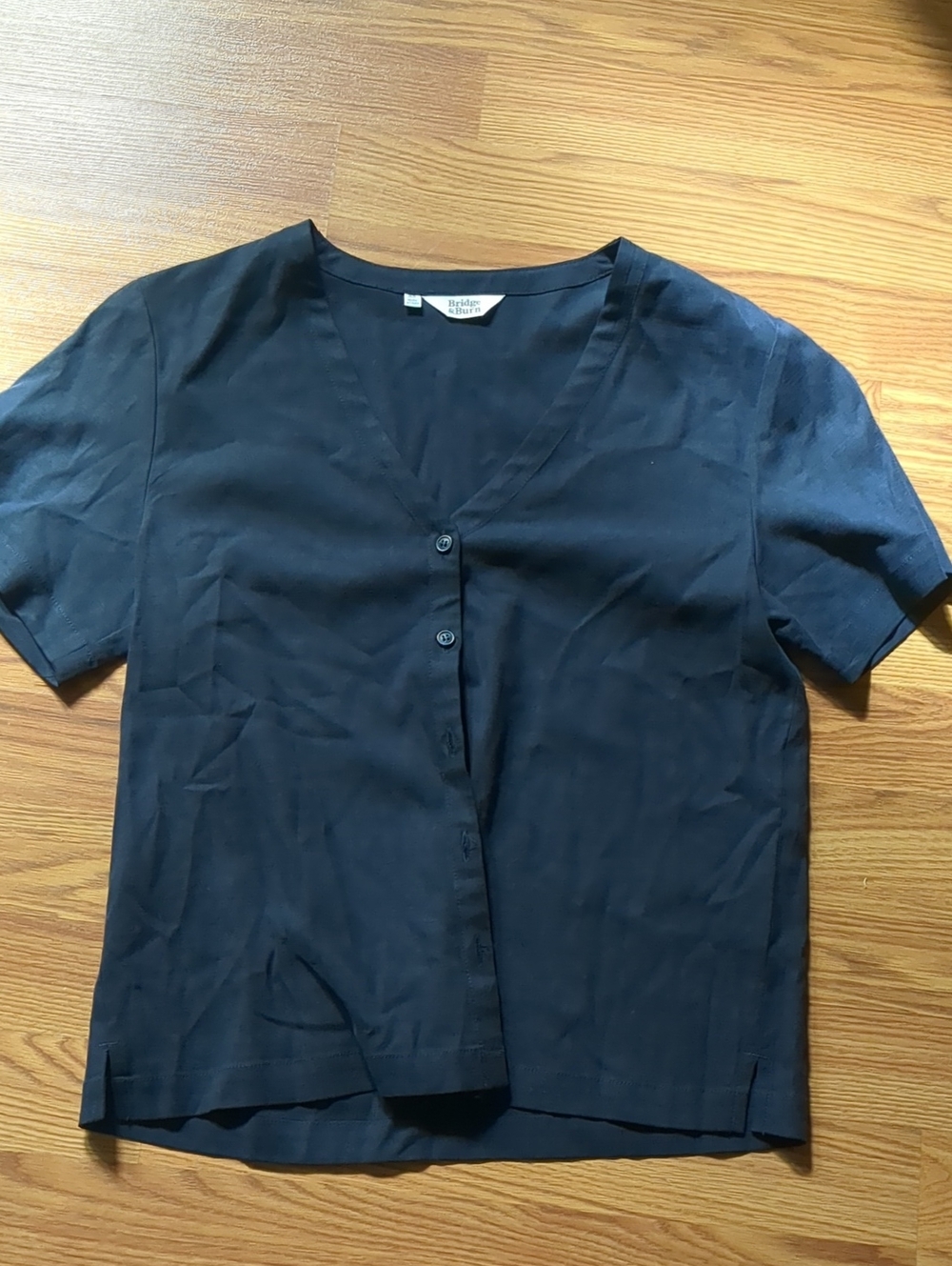Bridge & Burn Sloane Tencel Linen V Neck Button Up Blouse Top Navy Size XS